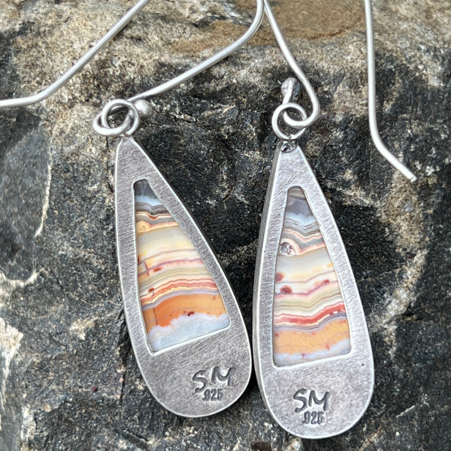 Banded Agate Earrings, Sterling Silver, Teardrop Cabochons, Colors of the Desert