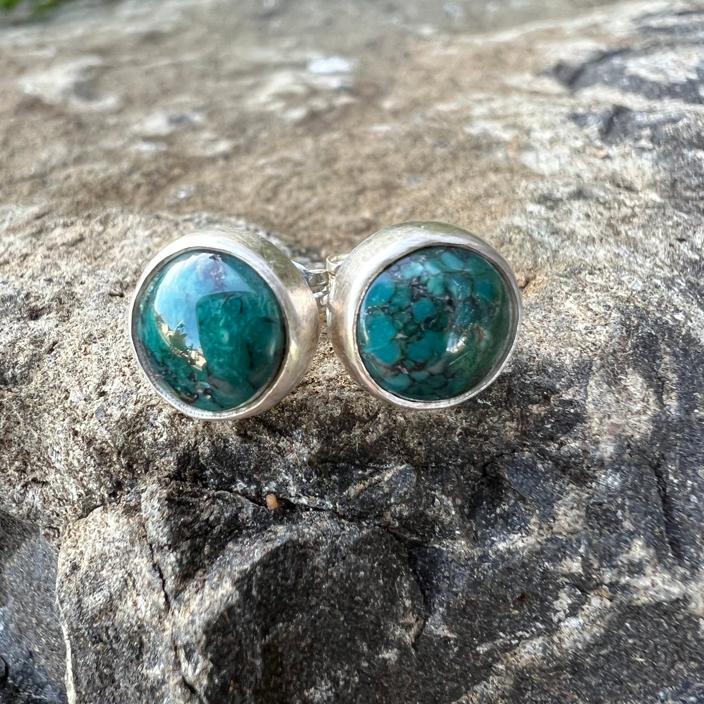 Blue Green Turquoise Stud Earrings, Sterling Silver