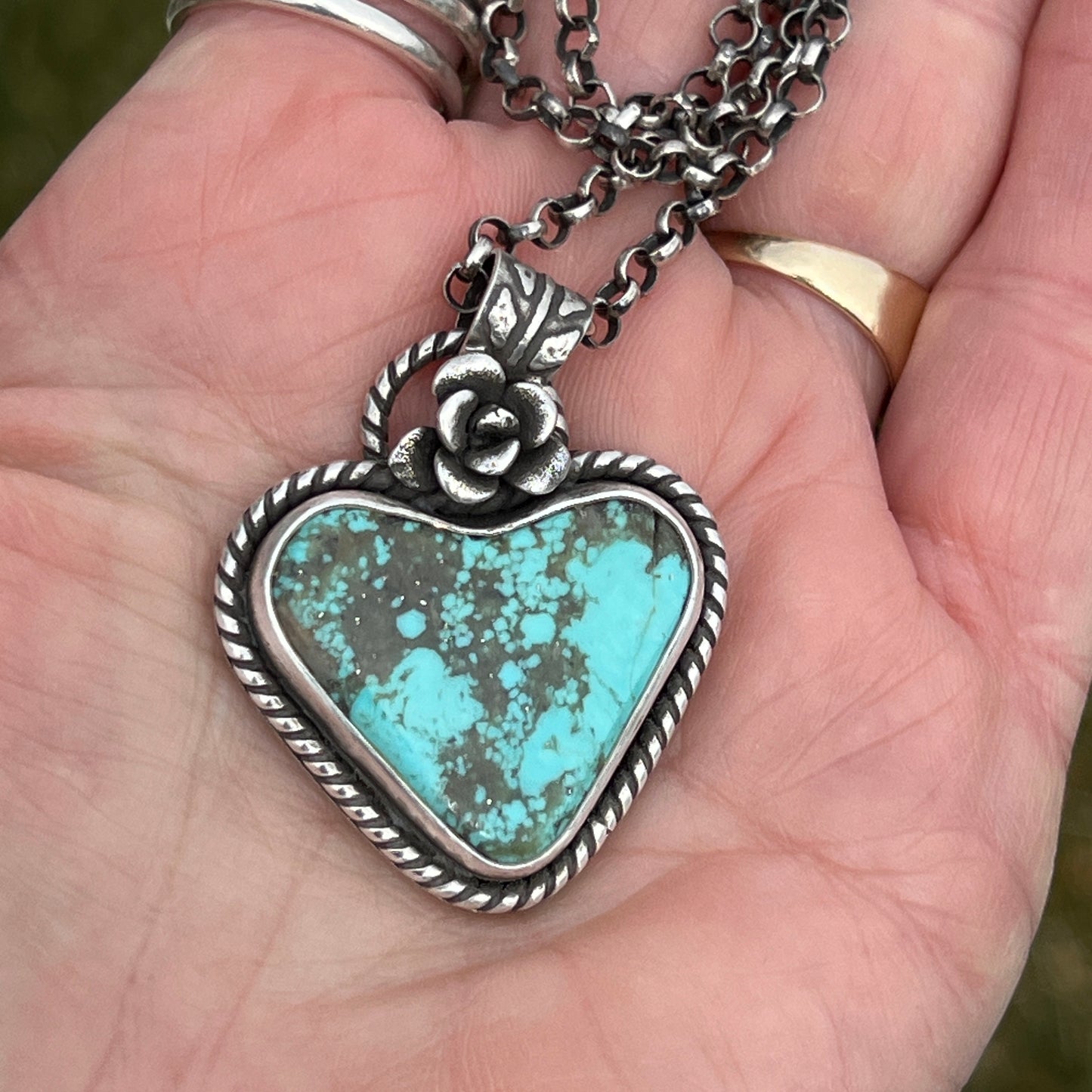 Nacozari Turquoise Heart Necklace with Sterling Silver Succulent Flower