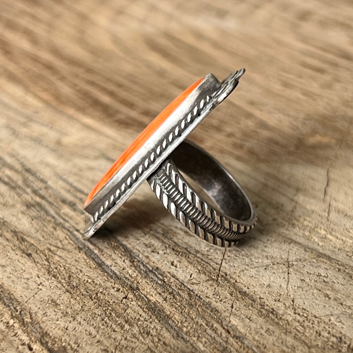 Orange Spiny Oyster Long Oval Ring, Size 7