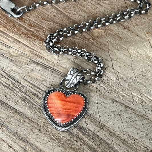 Orange Spiny Oyster Heart Pendant with Thick Rolo Chain