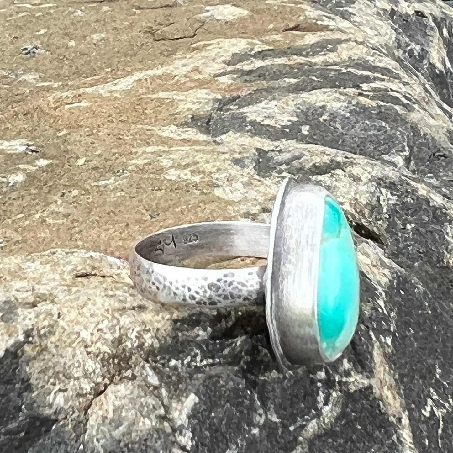 Green Turquoise Teardrop Ring, Hammered Silver Band Size 9