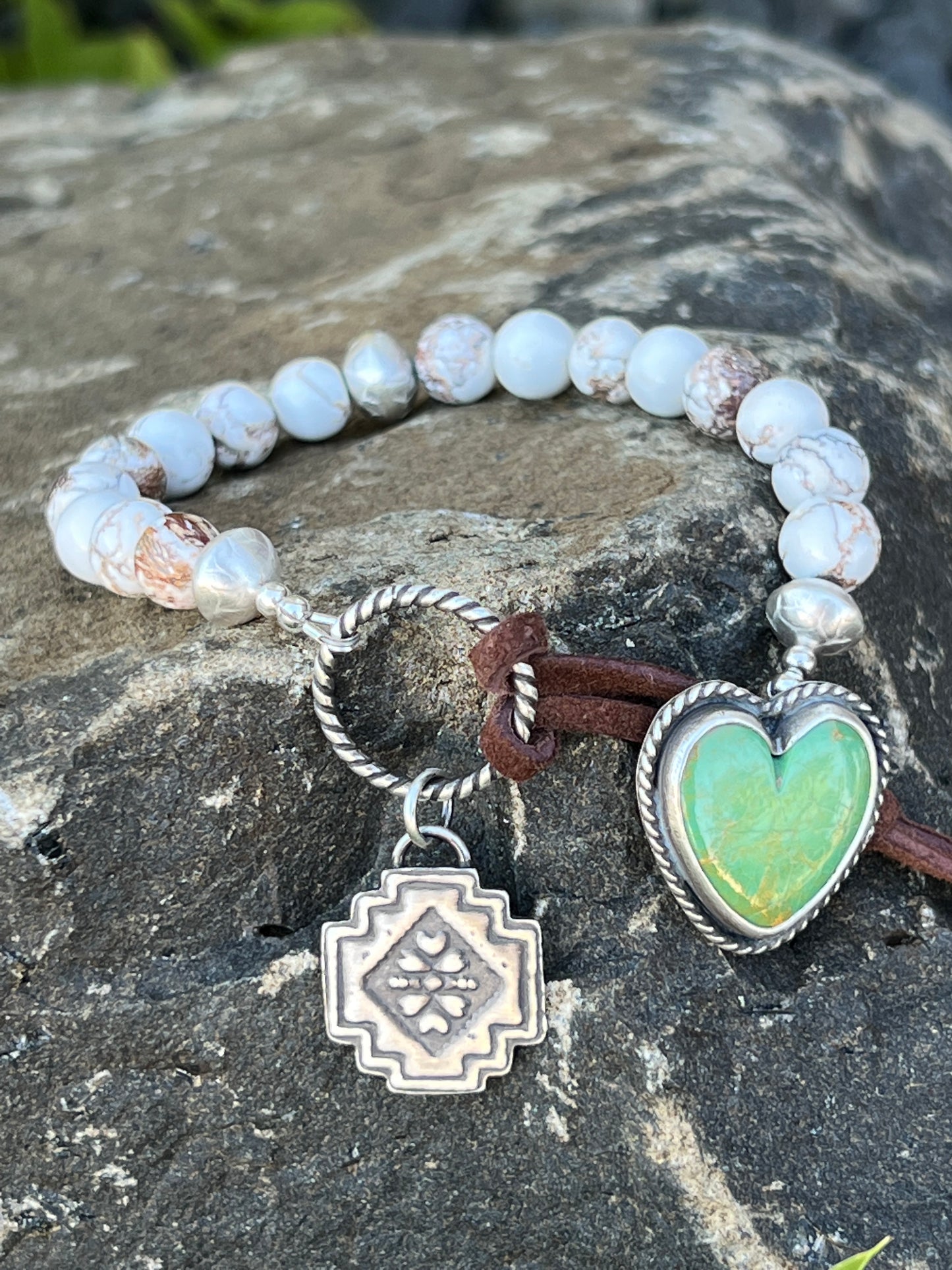 Wild Horse Magnesite Beaded Bracelet with Handmade Sterling Silver Beads & Royston Turquoise Heart