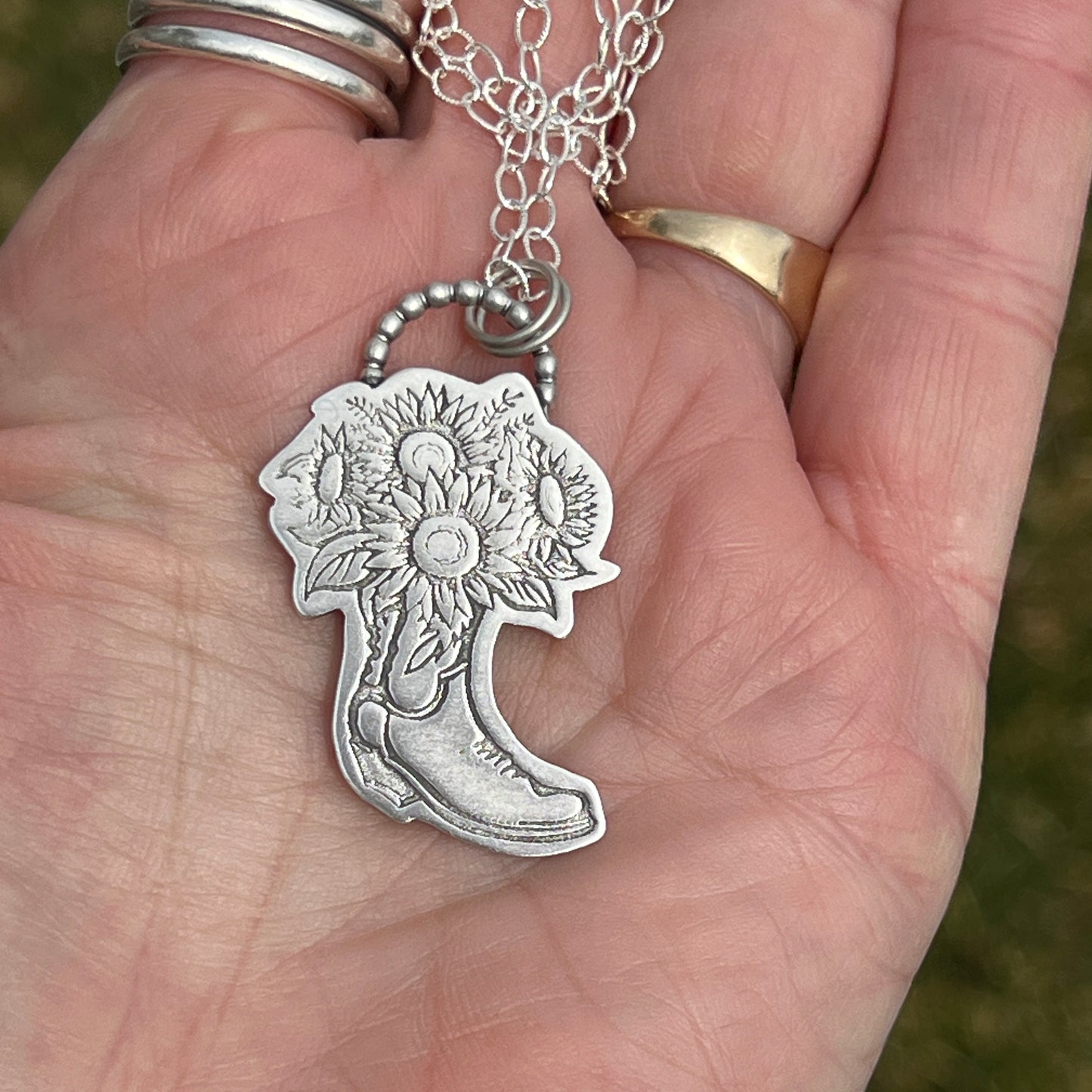 Floral Cowgirl Boot Necklace with Sunflower Bouquet Sterling Silver