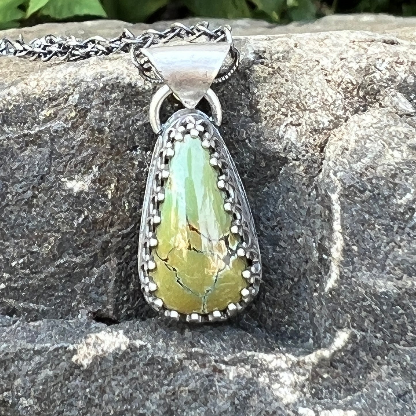 Olive Green Turquoise Necklace, Sterling Silver Teardrop Pendant