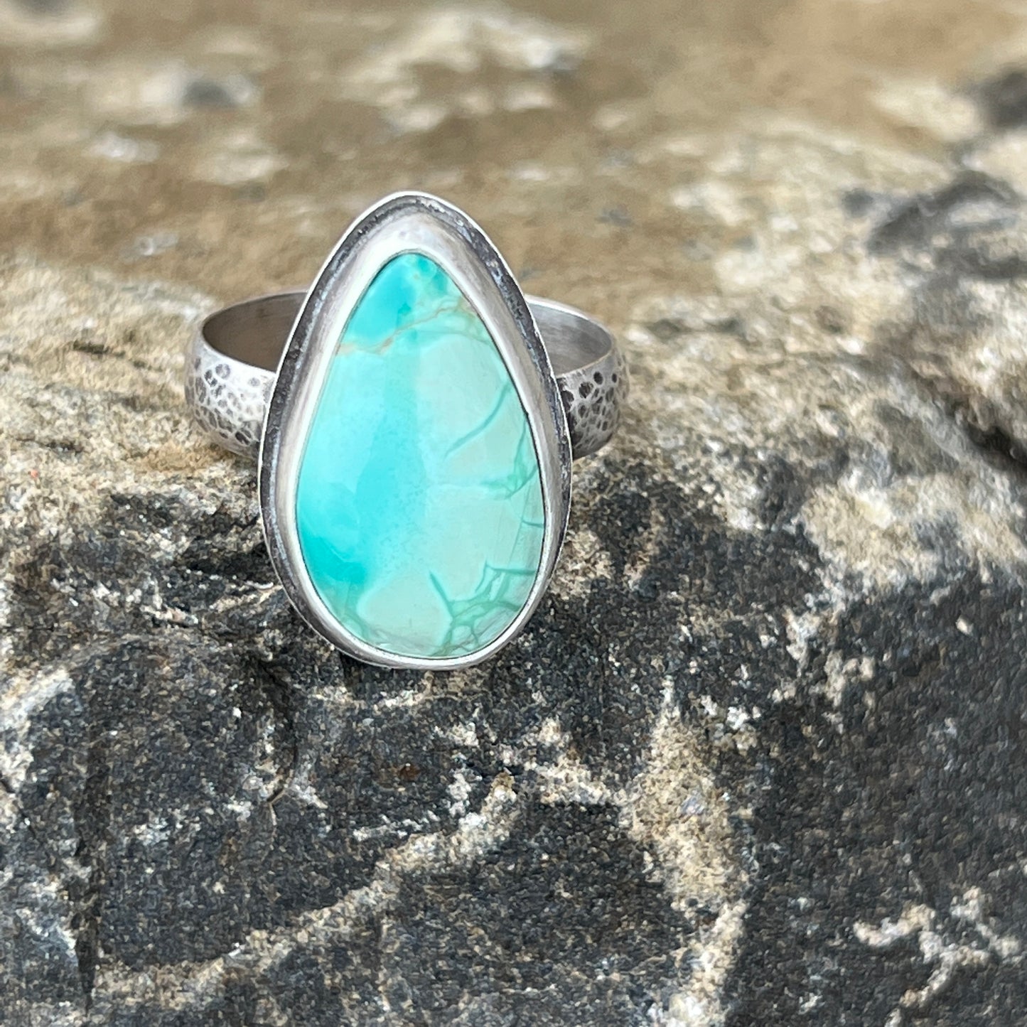 Green Turquoise Teardrop Ring, Hammered Silver Band Size 9