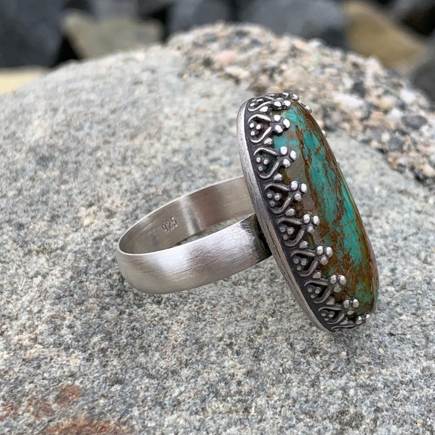 Evans Turquoise Ring, Sterling Silver Fabricated Size 6.75