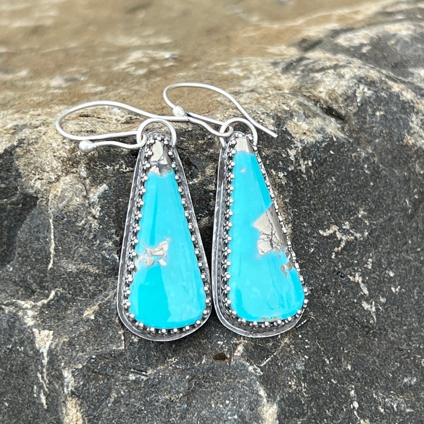 Big Campitos Turquoise Teardrop Earrings, Sunflower Printed Backs