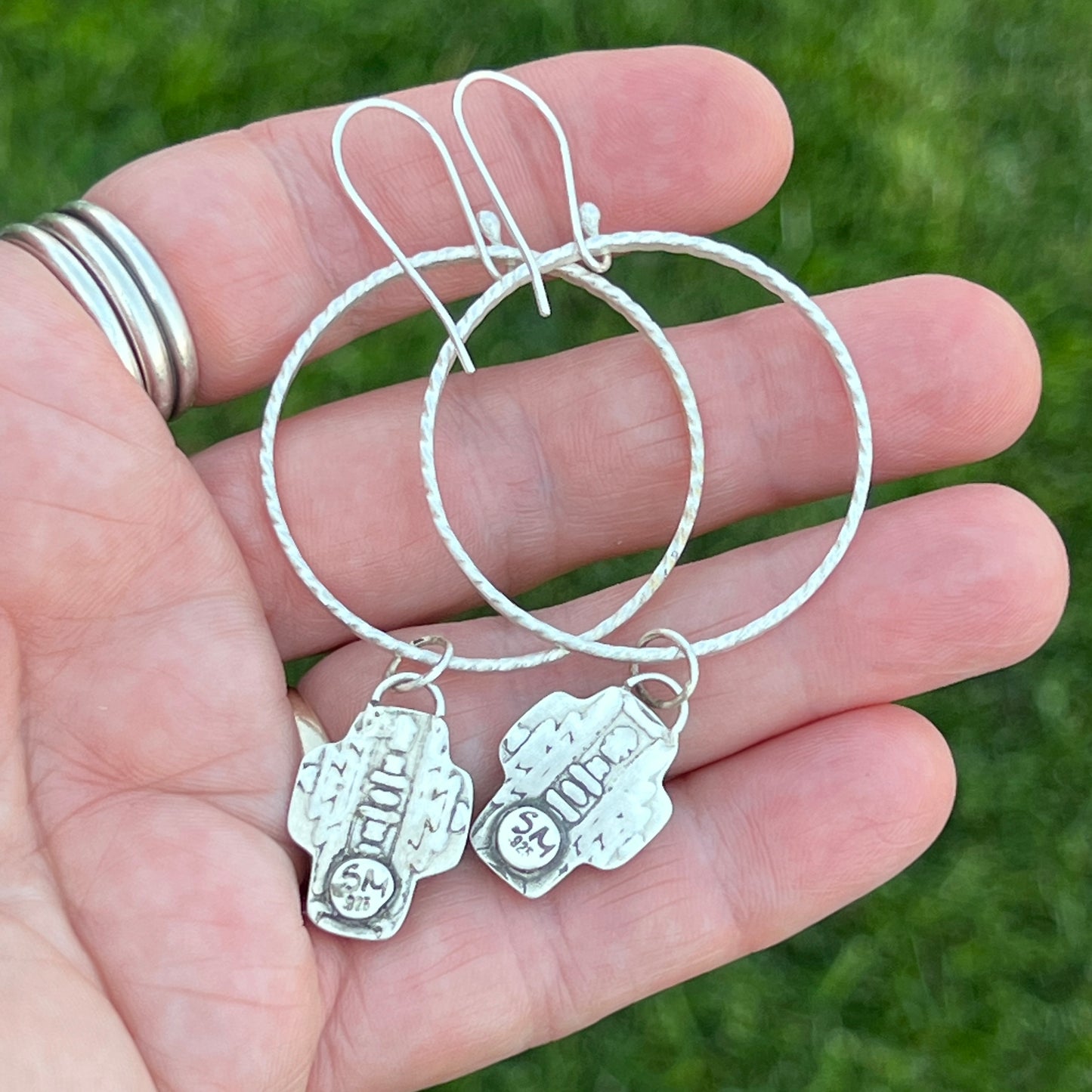 Thick Silver Hoop Earrings with Lapis Lazuli Cross Dangles, Modern Southwest Jewelry