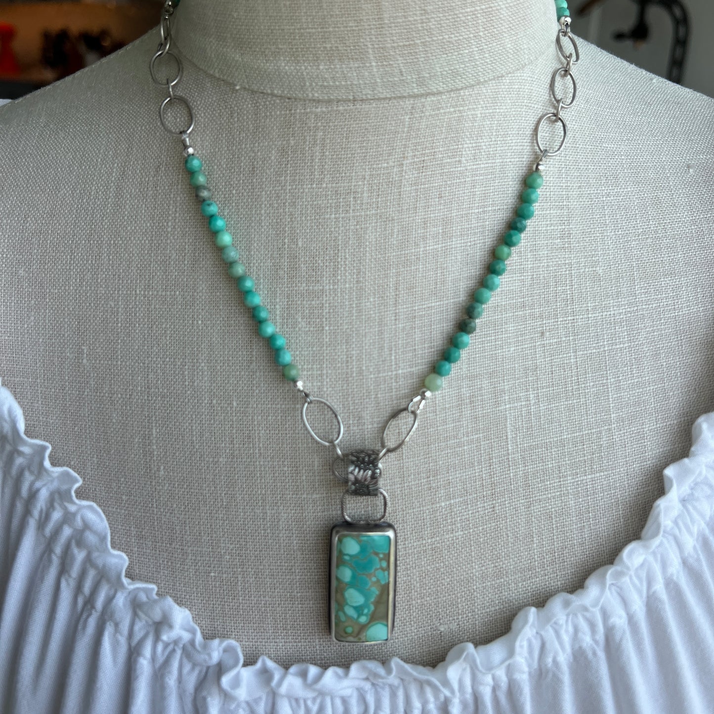 Kingman Turquoise Rectangle Pendant, Moss Opal Handcrafted Chain