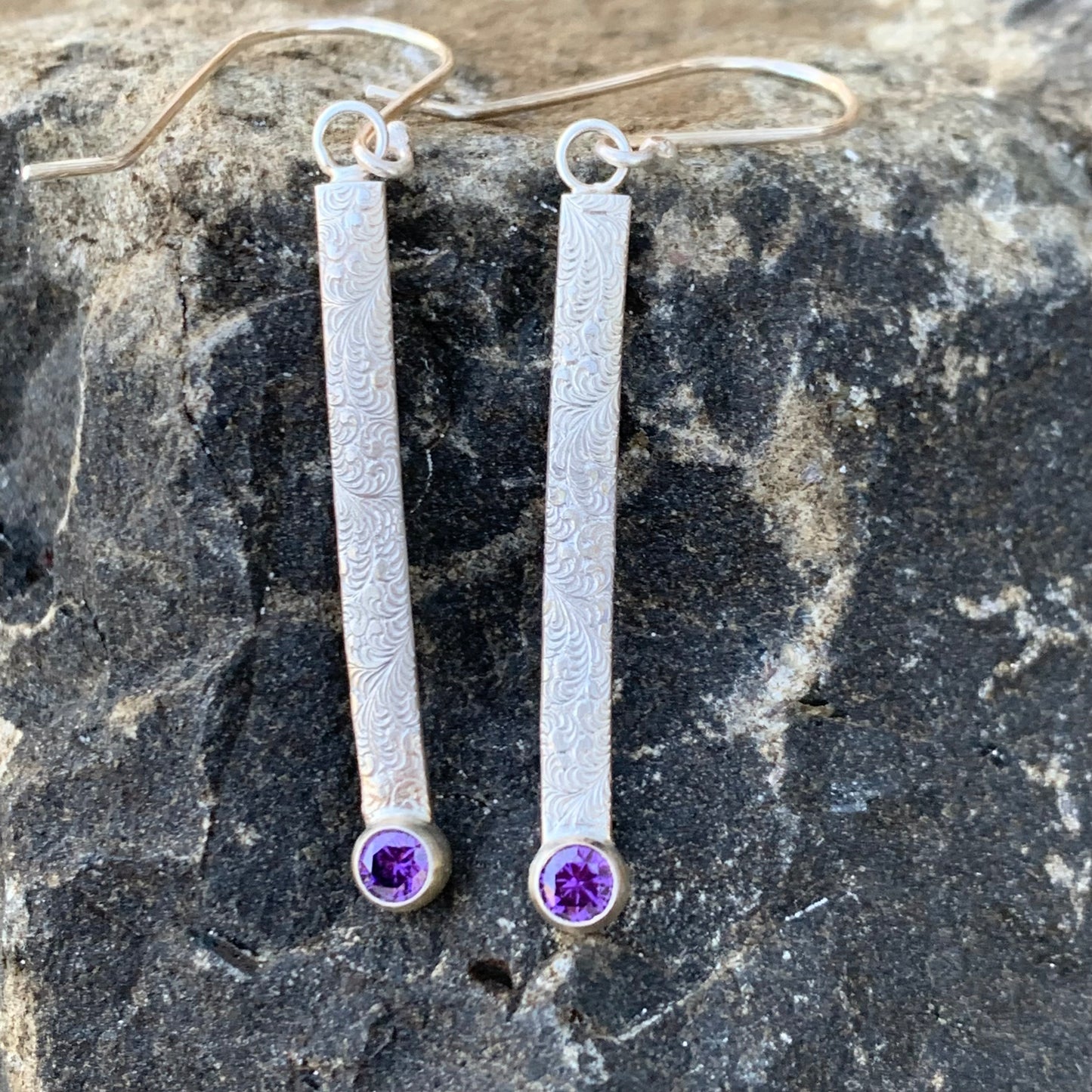 Bar Earrings With Purple Cubic Zirconia, Sterling Silver