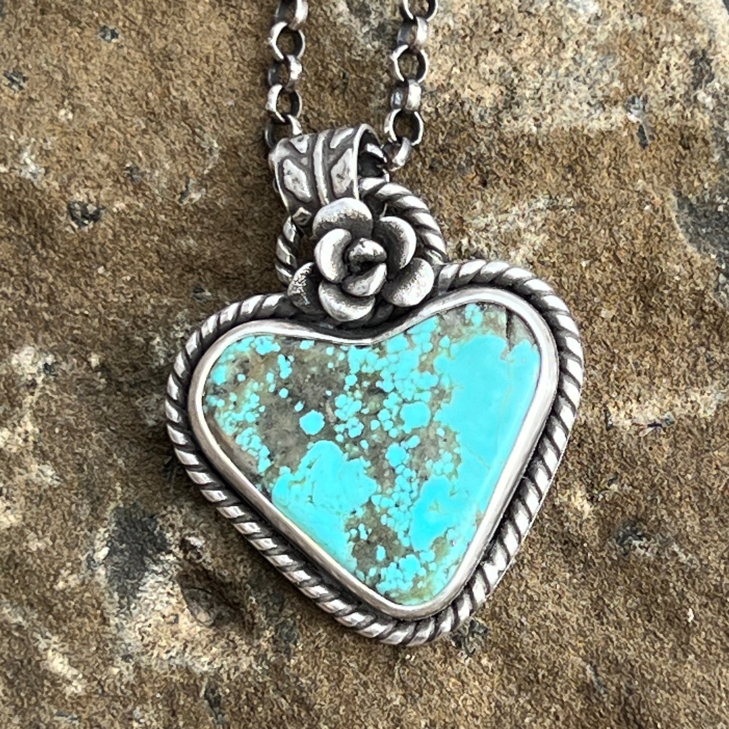 Nacozari Turquoise Heart Necklace with Sterling Silver Succulent Flower