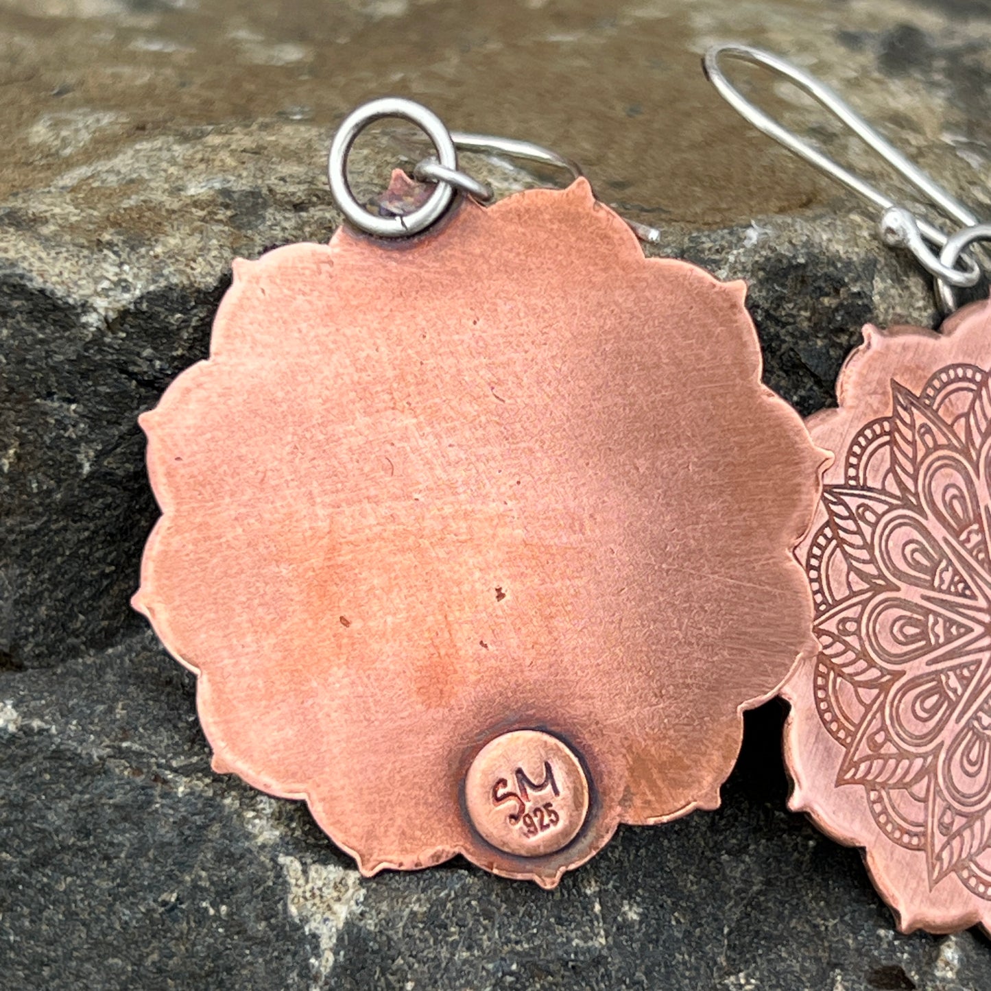 Mandala Earrings Pure Copper Circles, Sterling Silver Ear Wires, Bohemian Style