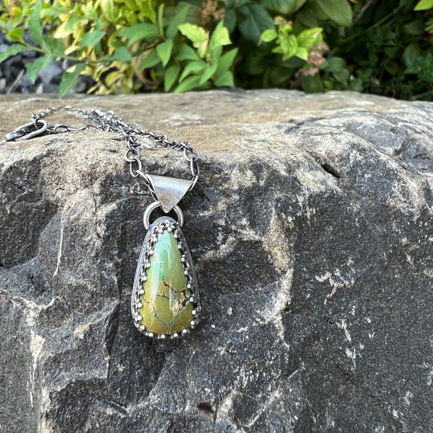 Olive Green Turquoise Necklace, Sterling Silver Teardrop Pendant