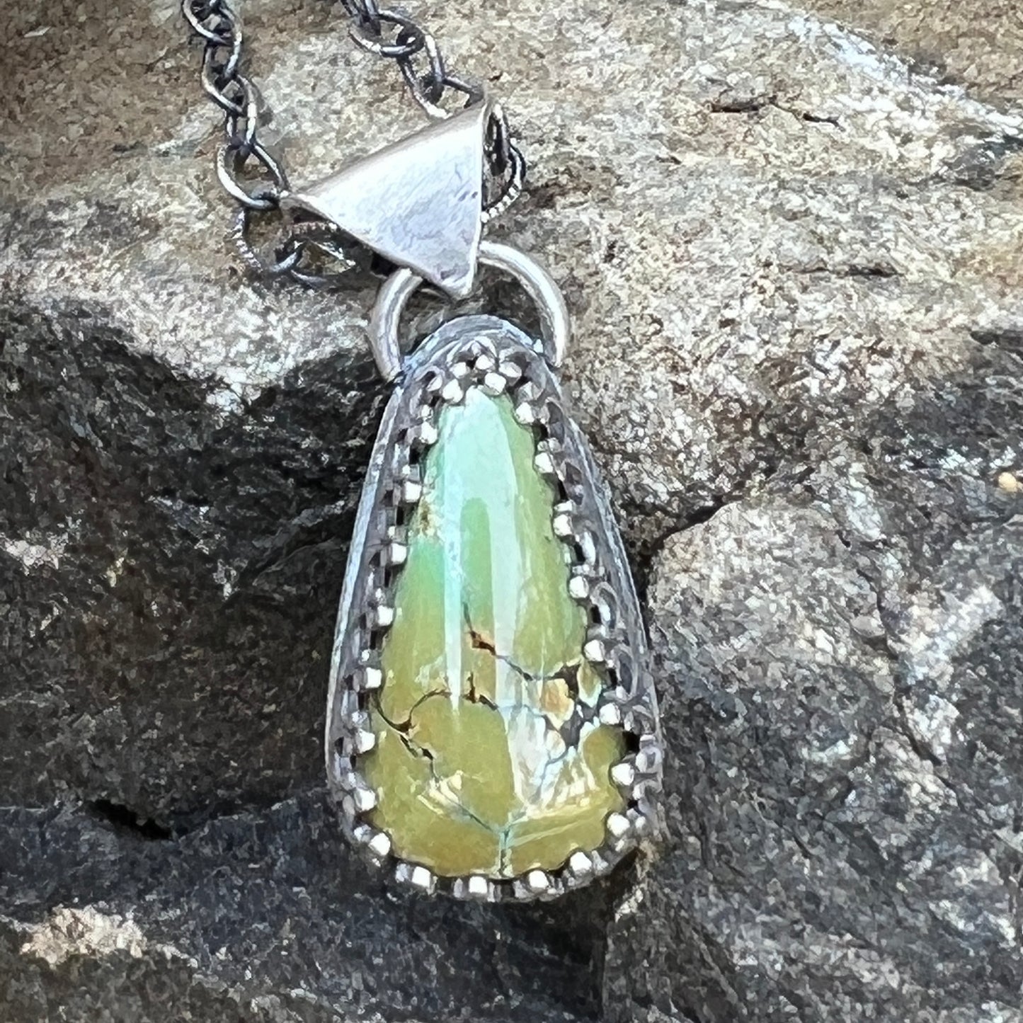 Olive Green Turquoise Necklace, Sterling Silver Teardrop Pendant