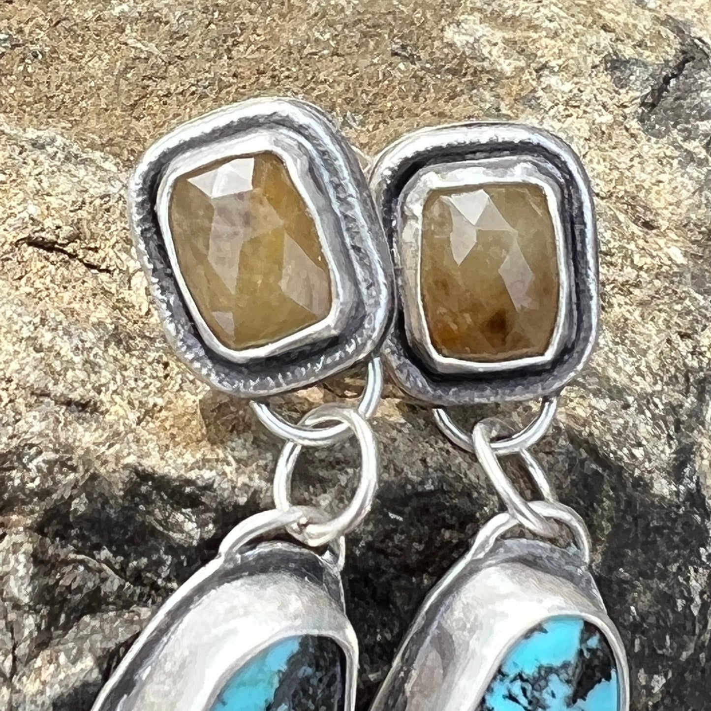 Yellow Sapphire and Kingman Turquoise Stud Earrings with Bird Design On Sterling Silver