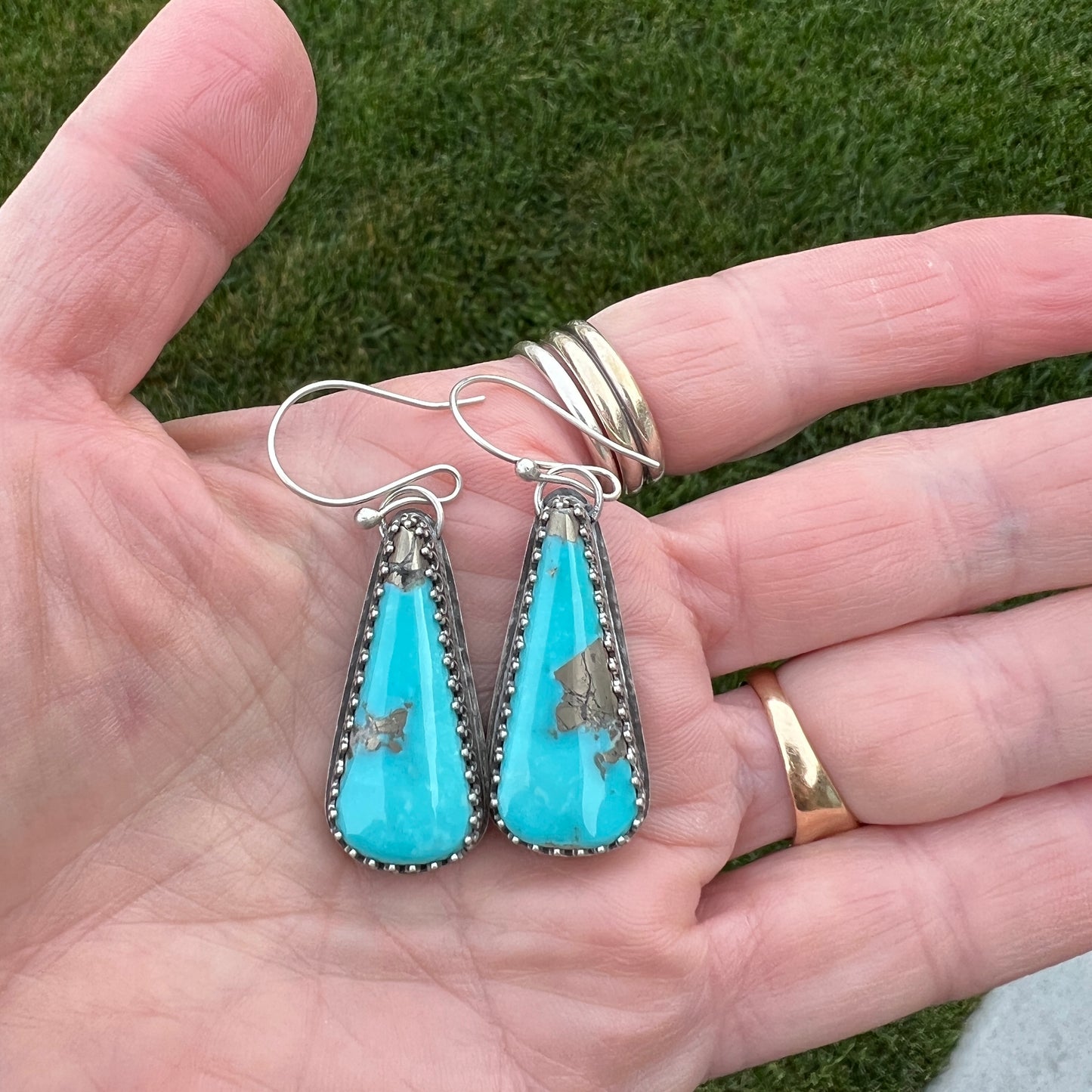 Big Campitos Turquoise Teardrop Earrings, Sunflower Printed Backs