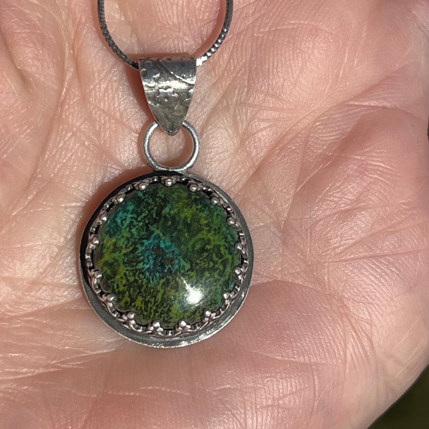 Round Green Turquoise Pendant, Sterling Silver Patterned Back, Peace and Love