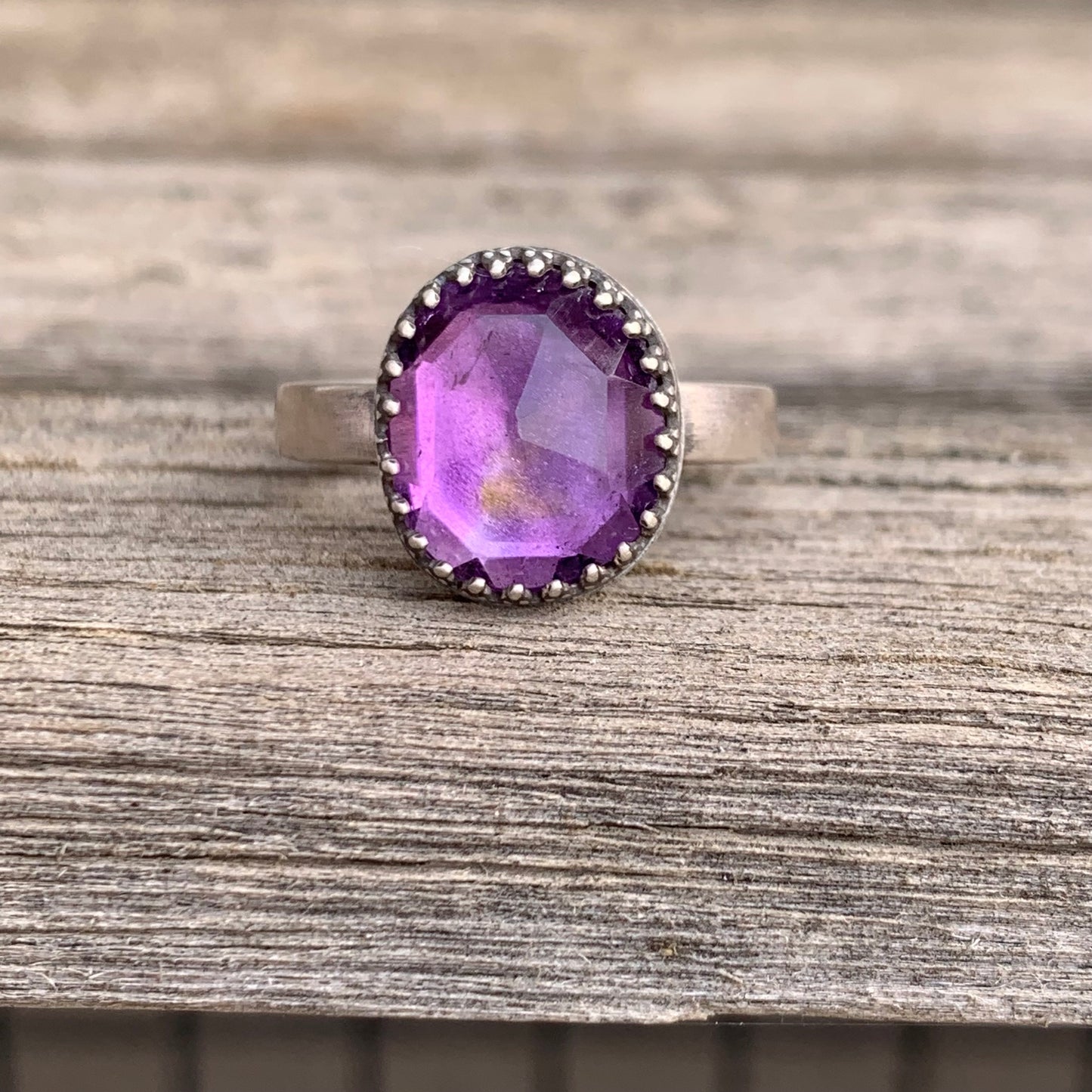 Rose Cut Amethyst Ring on Thick Sterling Silver Band Size 8