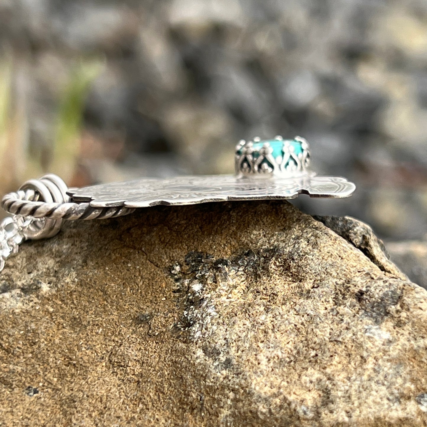 Turquoise Cowgirl Boot Necklace on Sterling Silver with Rope, Hat Floral Bouquet, Coastal Cowgirl