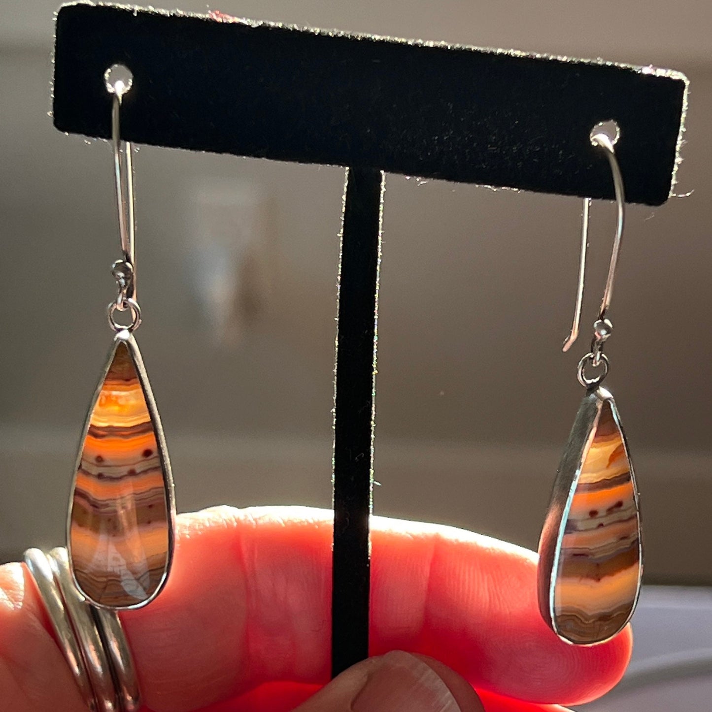 Banded Agate Earrings, Sterling Silver, Teardrop Cabochons, Colors of the Desert