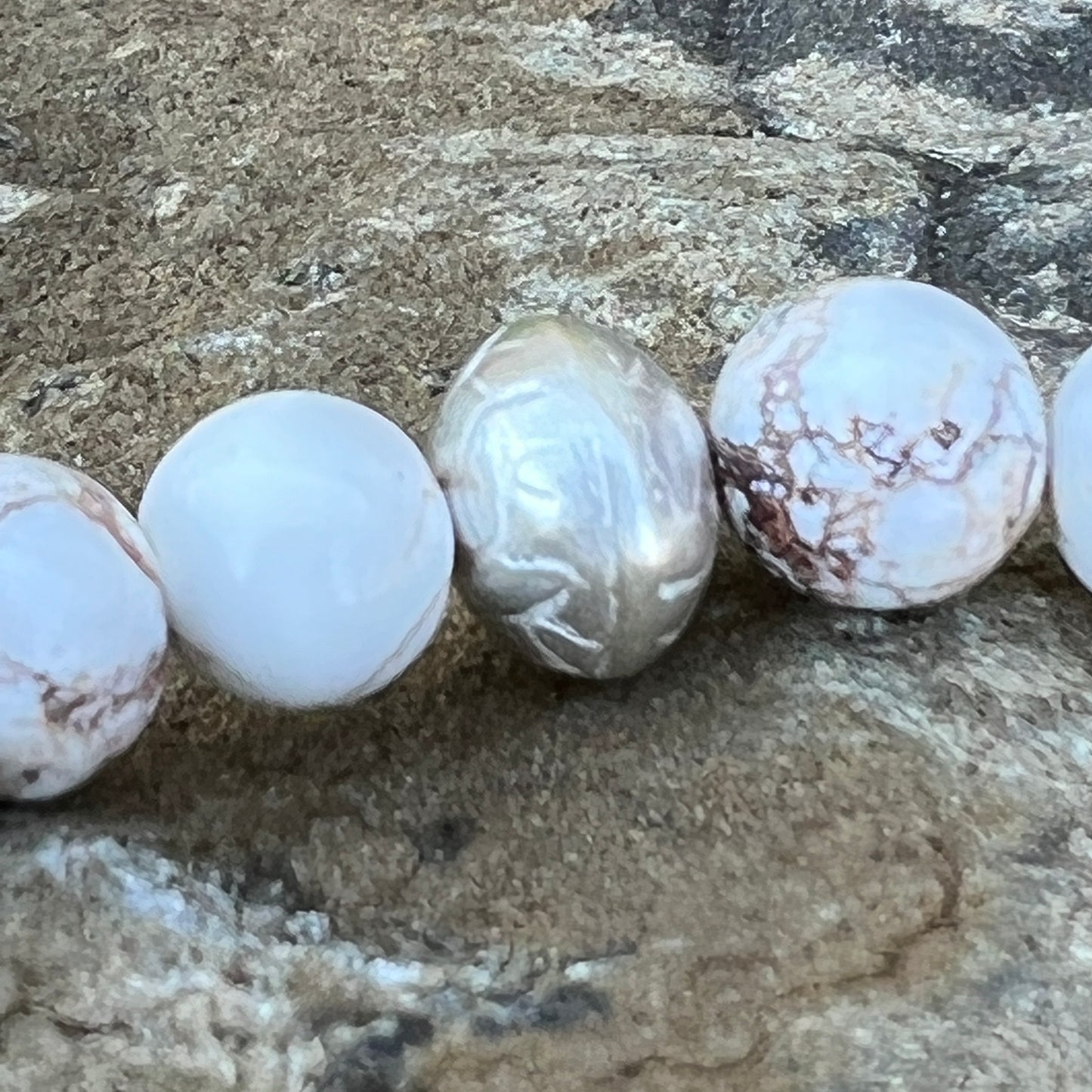 Wild Horse Magnesite Beaded Bracelet with Handmade Sterling Silver Beads & Royston Turquoise Heart