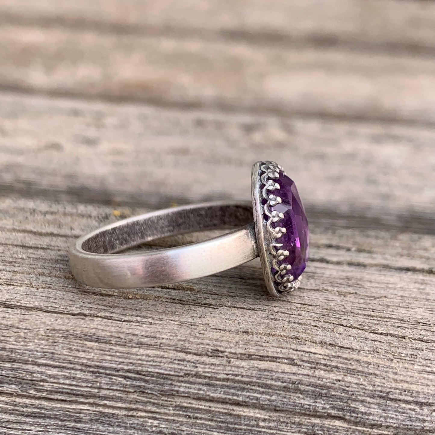 Rose Cut Amethyst Ring on Thick Sterling Silver Band Size 8