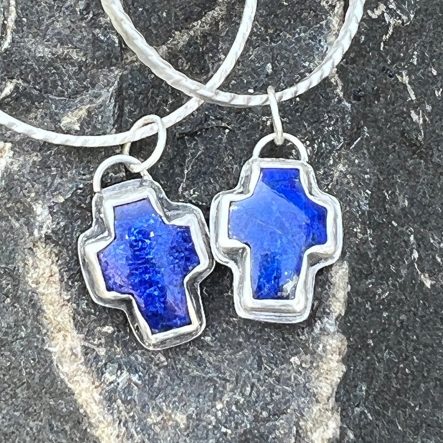 Thick Silver Hoop Earrings with Lapis Lazuli Cross Dangles, Modern Southwest Jewelry