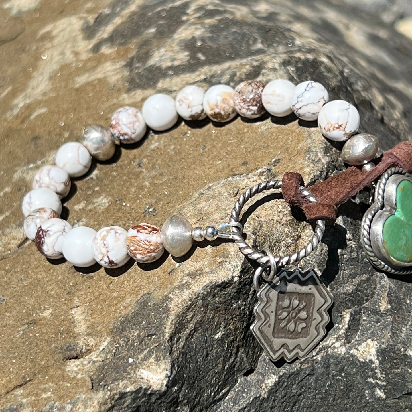 Wild Horse Magnesite Beaded Bracelet with Handmade Sterling Silver Beads & Royston Turquoise Heart