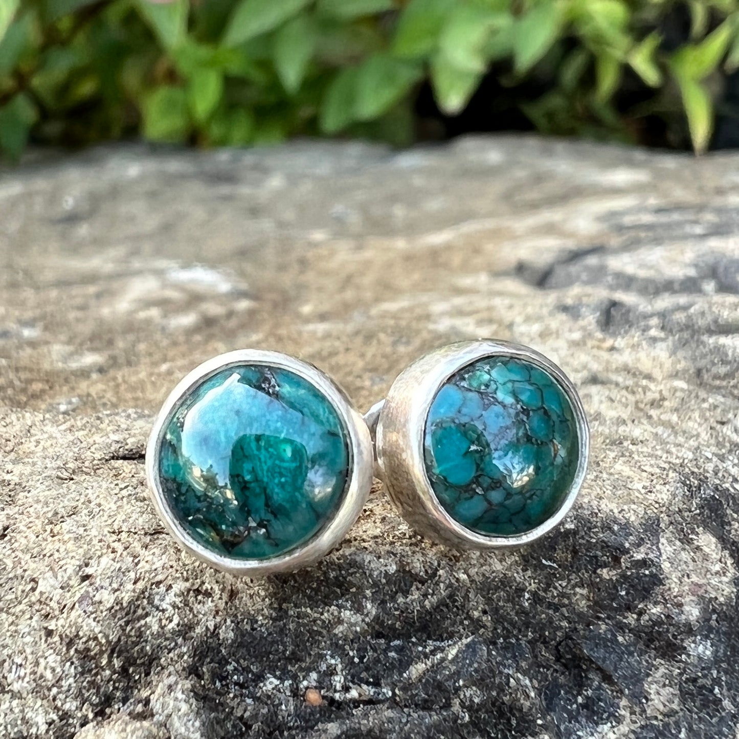 Blue Green Turquoise Stud Earrings, Sterling Silver