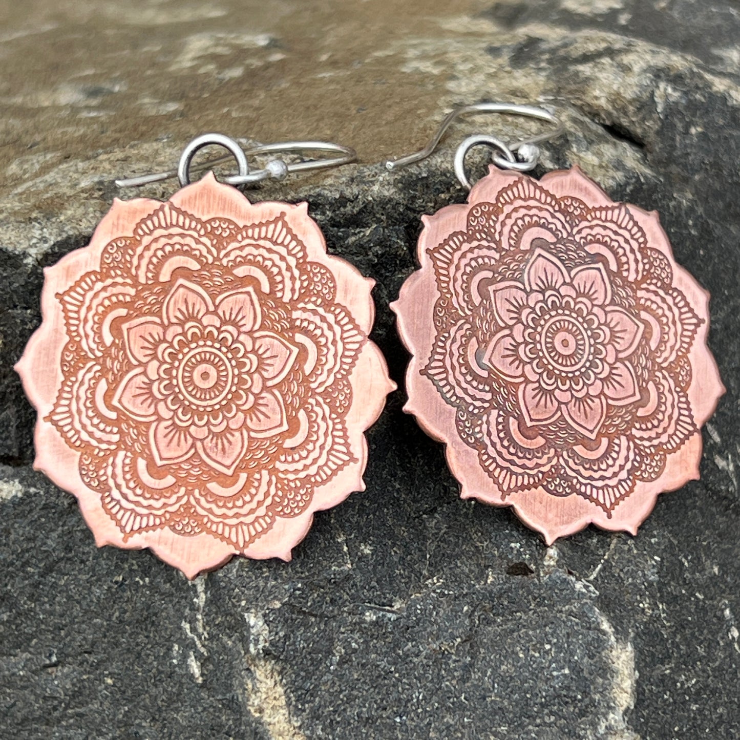 Copper Mandala Earrings, Sterling Silver Ear Wires, Bohemian Style