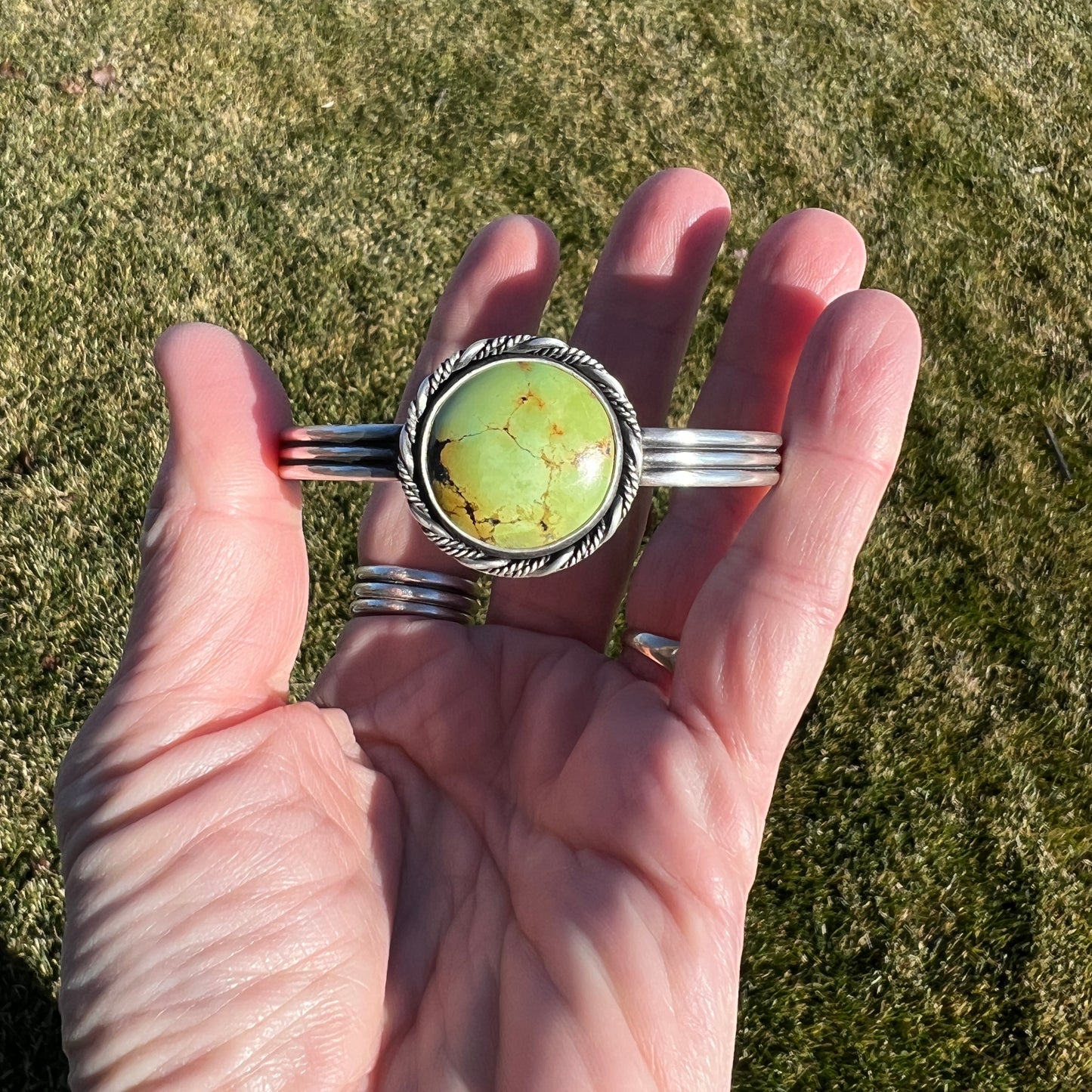 Round Turquoise Cuff Bracelet, Sterling Silver Triple Wire Band