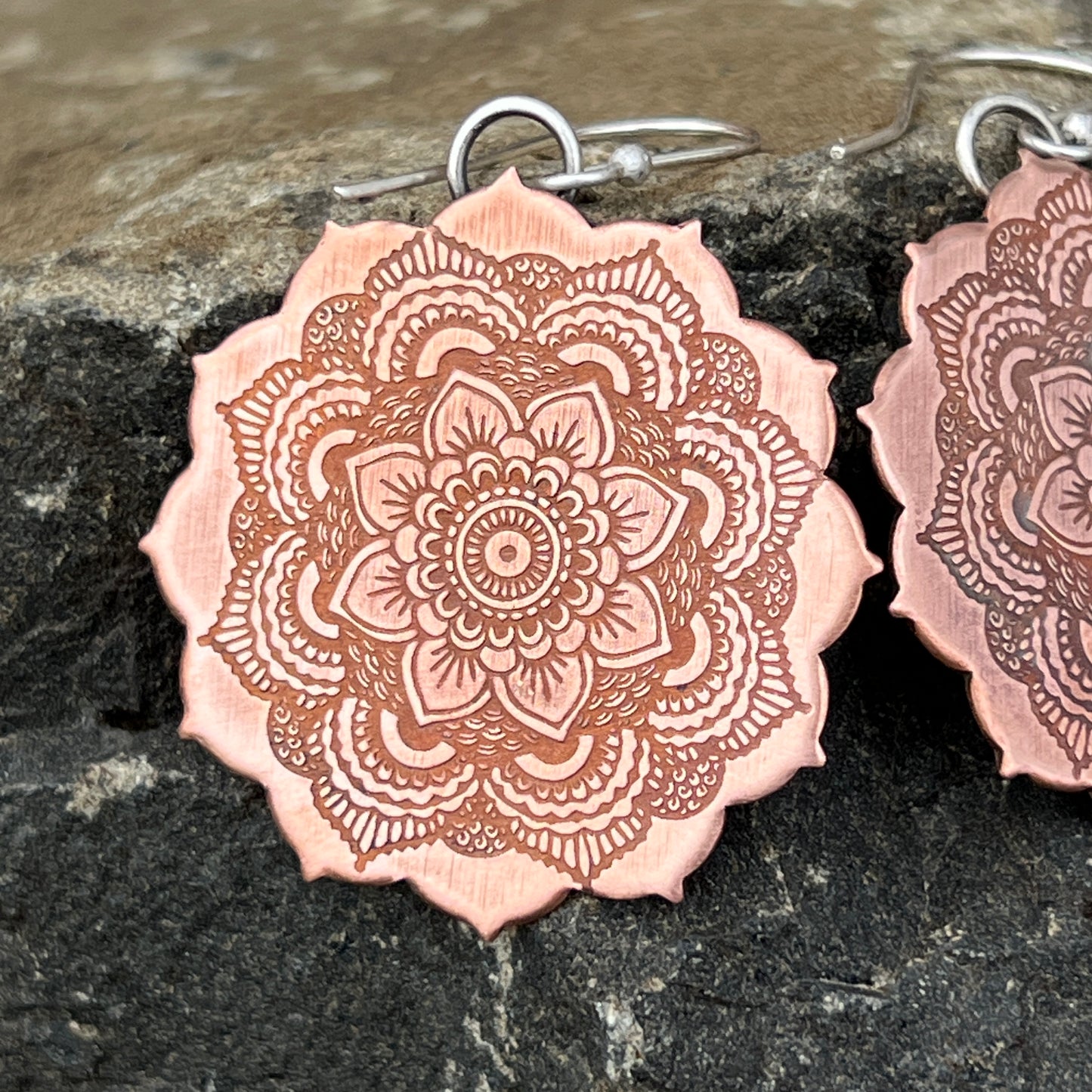 Copper Mandala Earrings, Sterling Silver Ear Wires, Bohemian Style