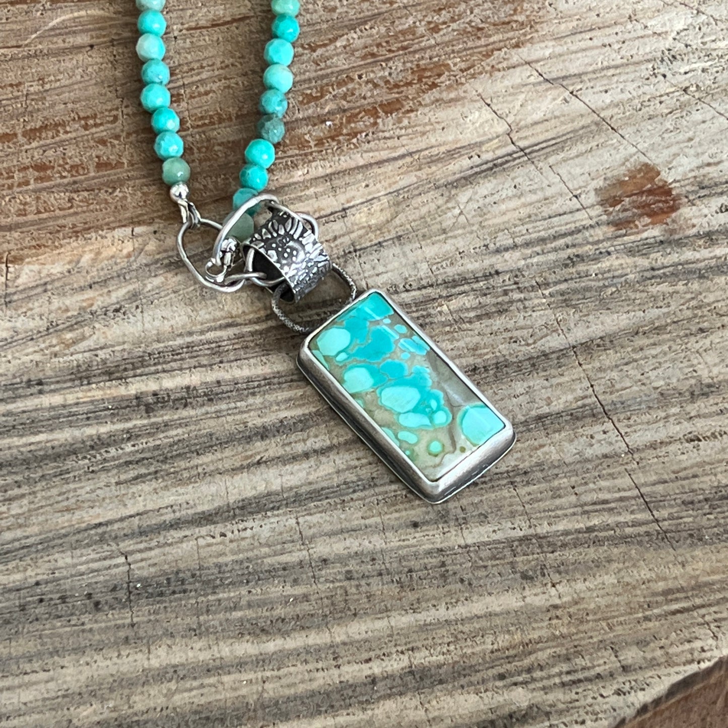 Kingman Turquoise Rectangle Pendant, Moss Opal Handcrafted Chain