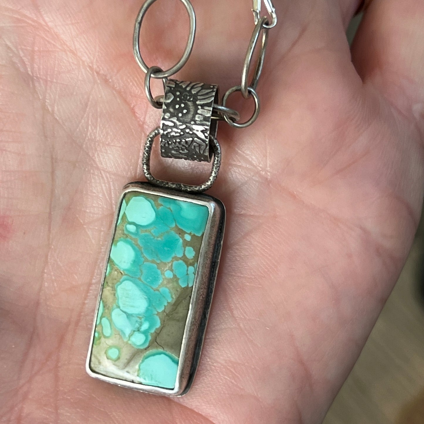 Kingman Turquoise Rectangle Pendant, Moss Opal Handcrafted Chain