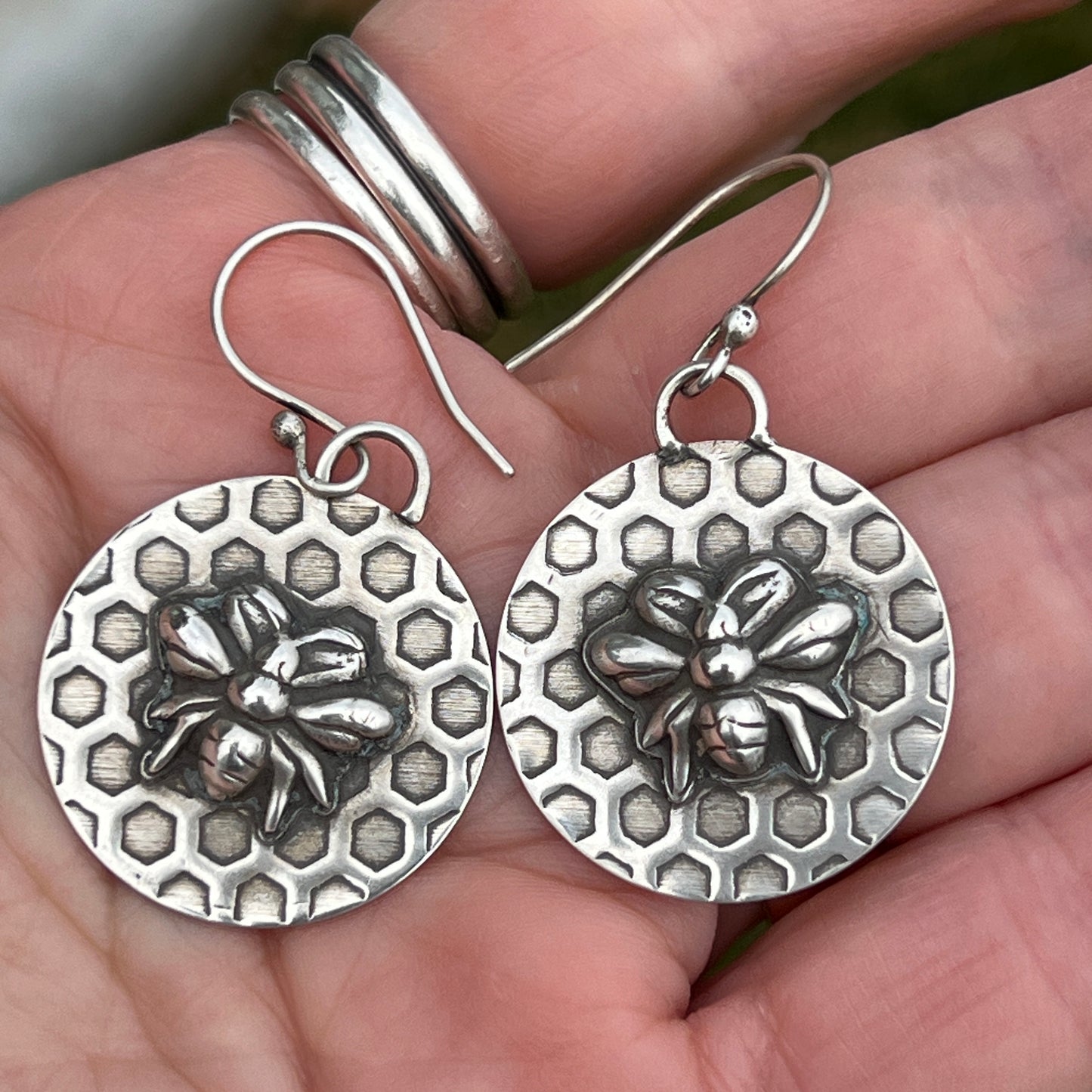 Sterling Silver Honeybee Earrings with Honeycomb Texture