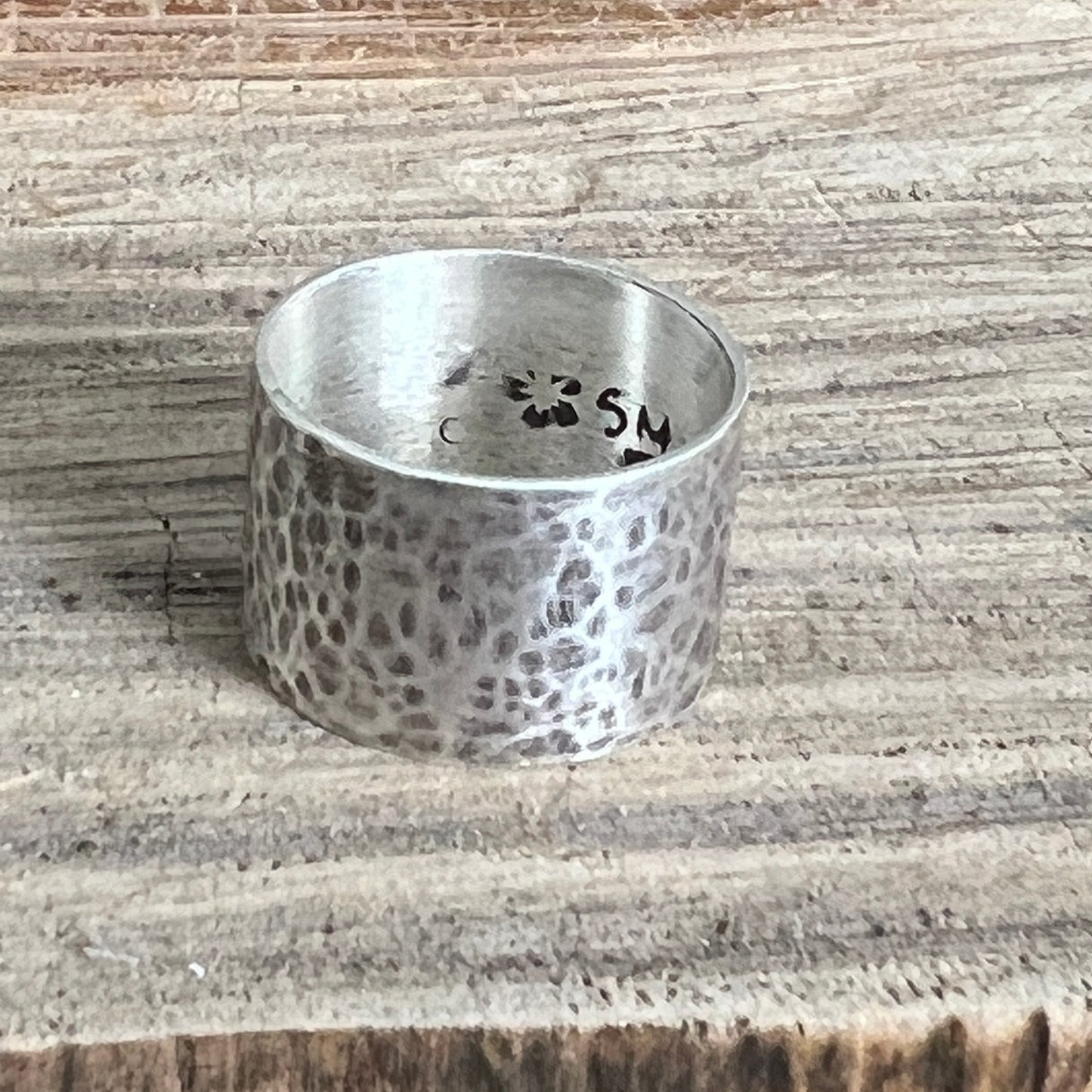 Hammer Textured Wide Band Silver Ring, Size 8.5