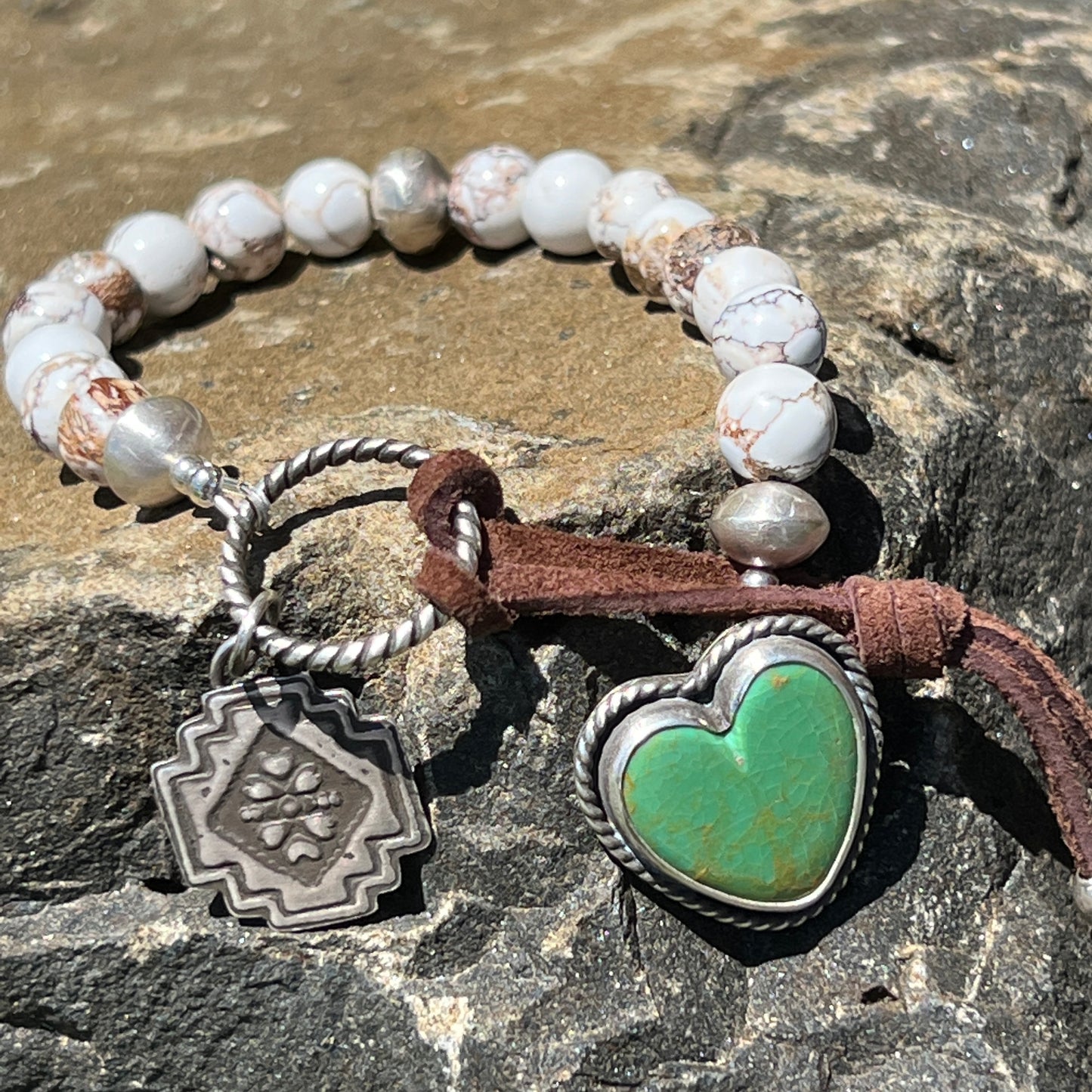 Wild Horse Magnesite Beaded Bracelet with Handmade Sterling Silver Beads & Royston Turquoise Heart