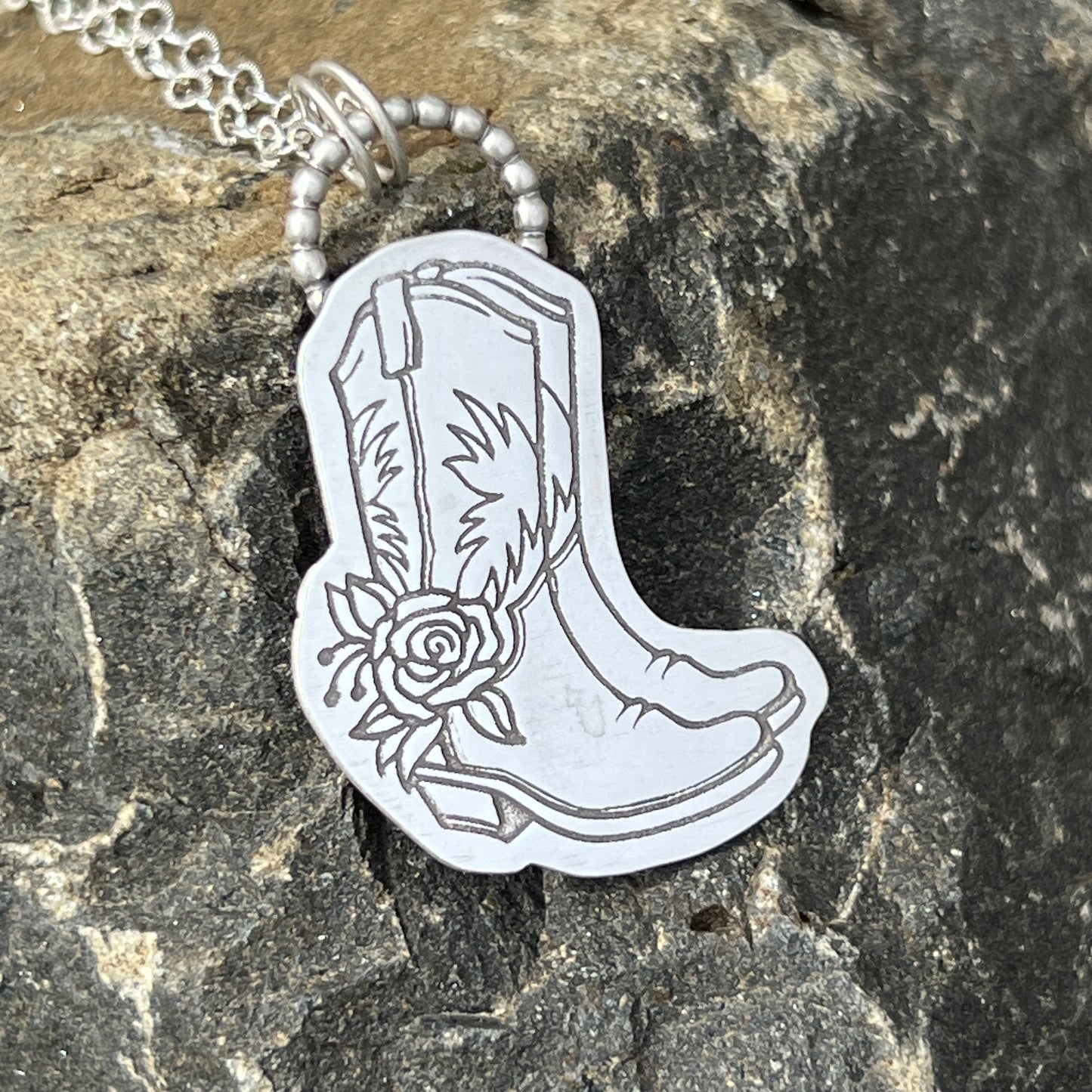 Floral Cowgirl Boots Necklace in Sterling Silver, Coastal Cowgirl Gift for Her