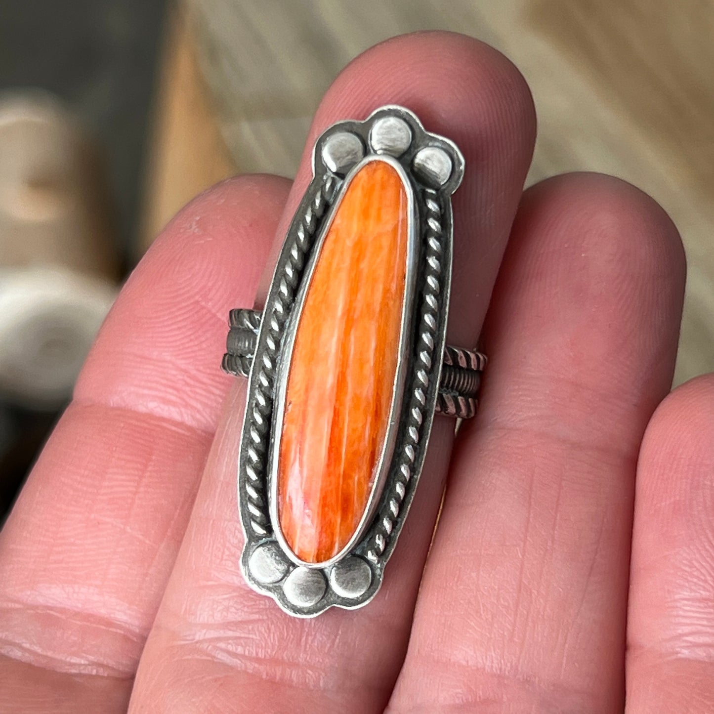 Orange Spiny Oyster Long Oval Ring, Size 7