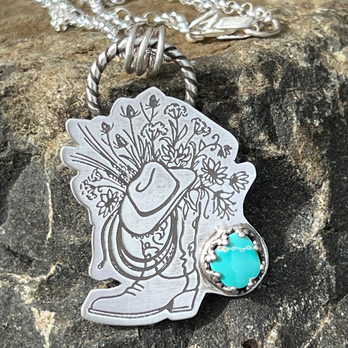 Turquoise Cowgirl Boot Necklace on Sterling Silver with Rope, Hat Floral Bouquet, Coastal Cowgirl