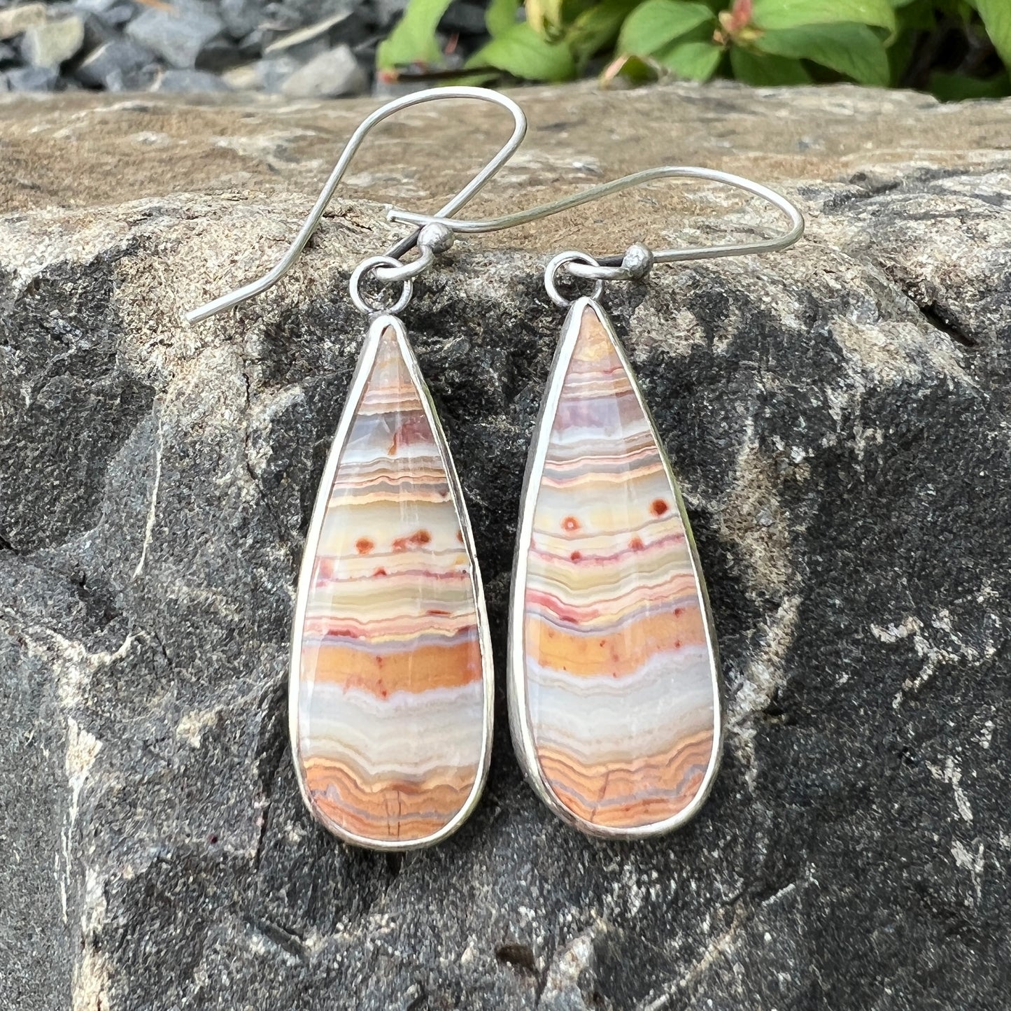 Banded Agate Earrings, Sterling Silver, Teardrop Cabochons, Colors of the Desert