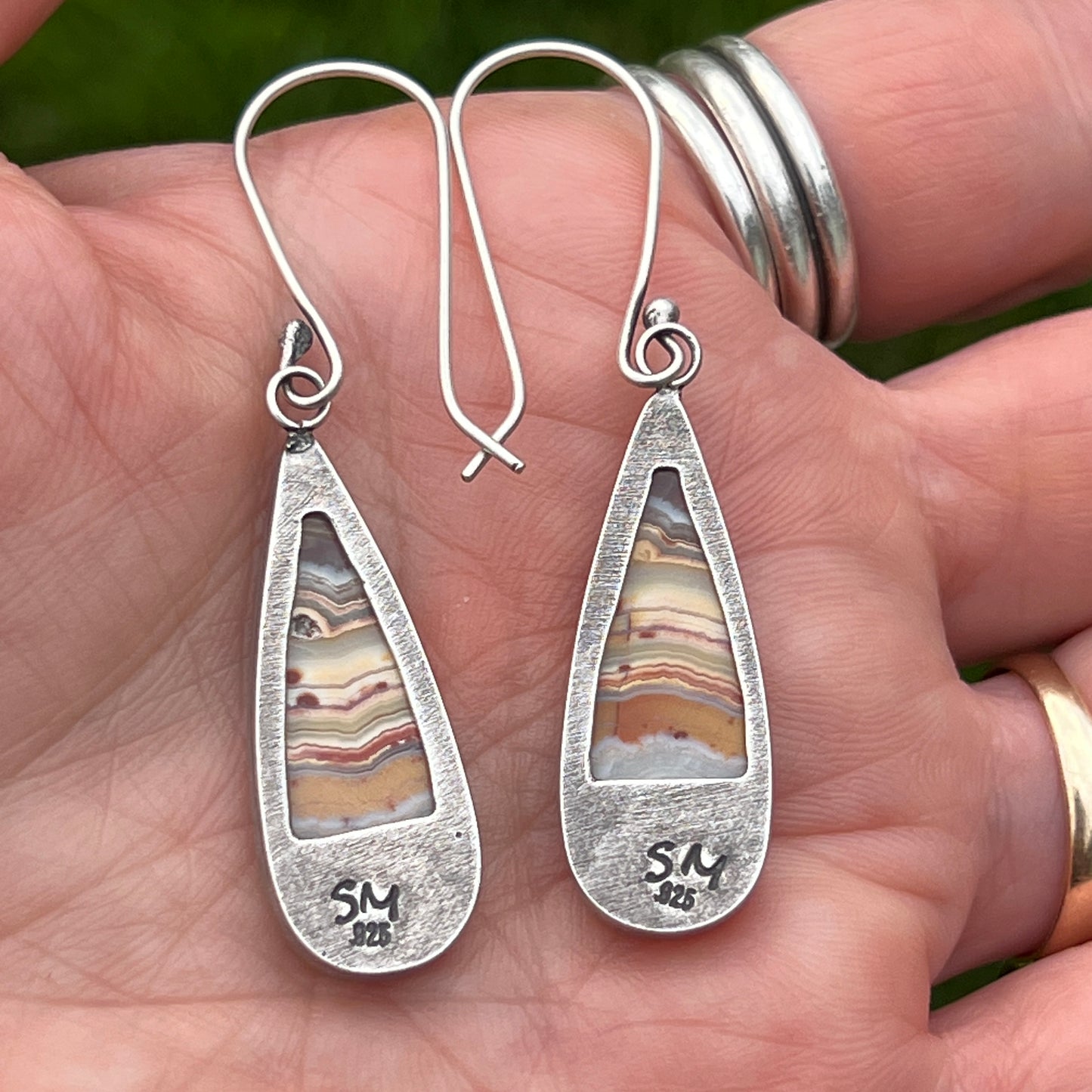 Banded Agate Earrings, Sterling Silver, Teardrop Cabochons, Colors of the Desert