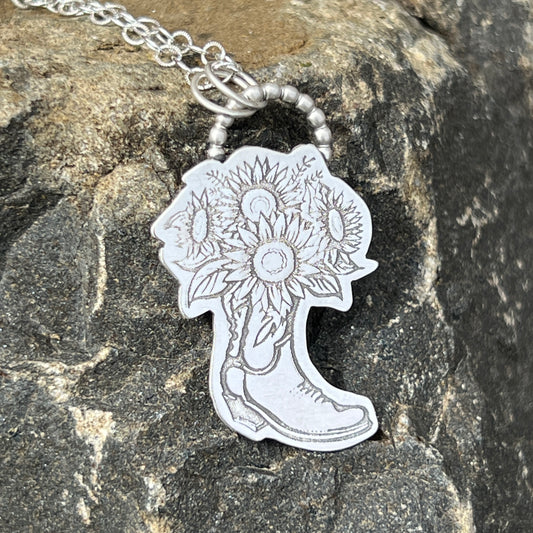 Floral Cowgirl Boot Necklace with Sunflower Bouquet Sterling Silver