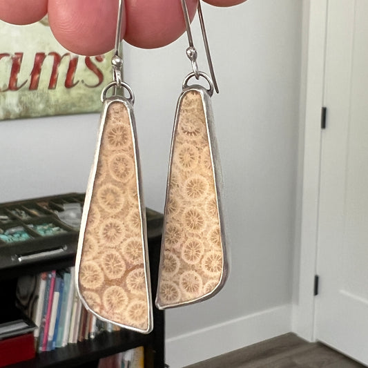 Fossil Coral Long Earrings, Sterling Silver