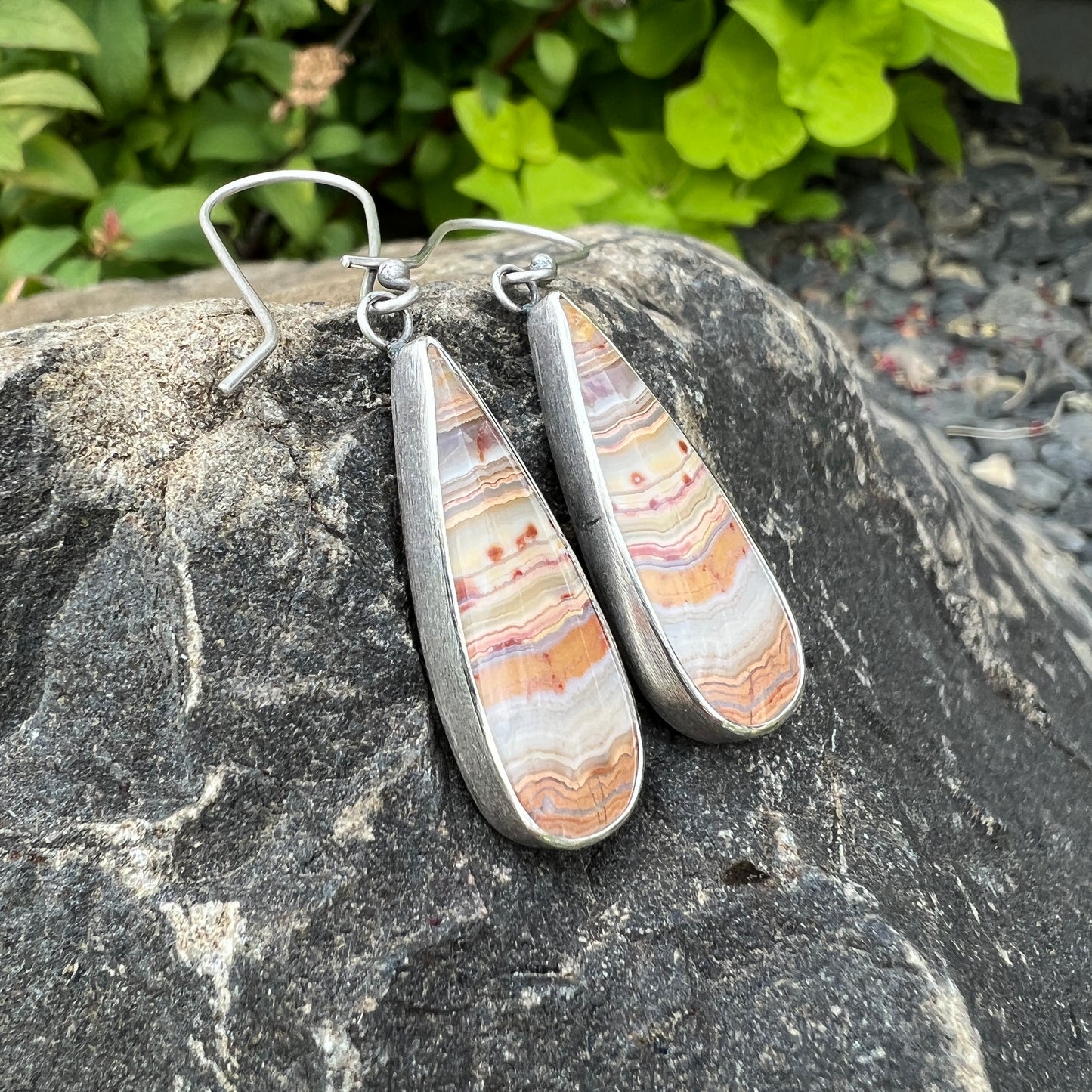 Banded Agate Earrings, Sterling Silver, Teardrop Cabochons, Colors of the Desert