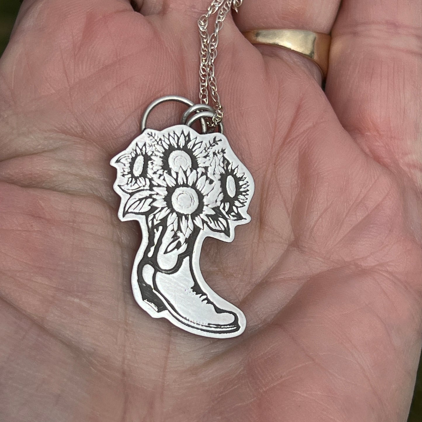 Floral Cowgirl Boot Necklace with Sunflower Bouquet Sterling Silver