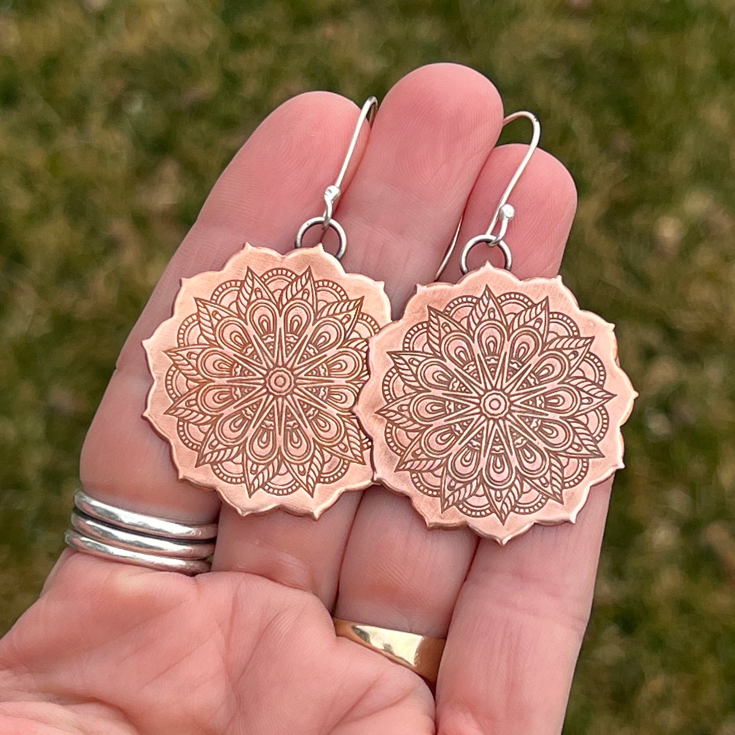 Mandala Earrings Pure Copper Circles, Sterling Silver Ear Wires, Bohemian Style