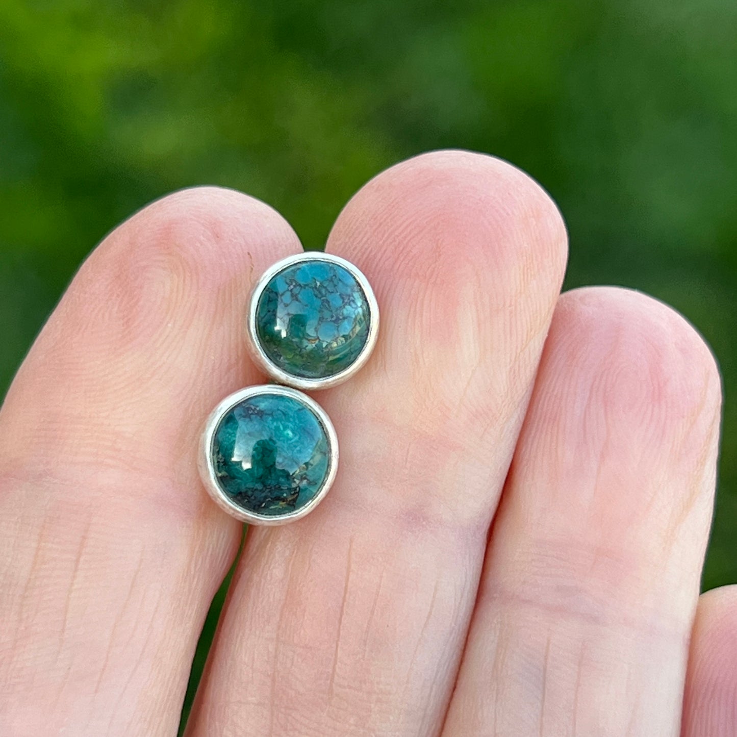 Blue Green Turquoise Stud Earrings, Sterling Silver