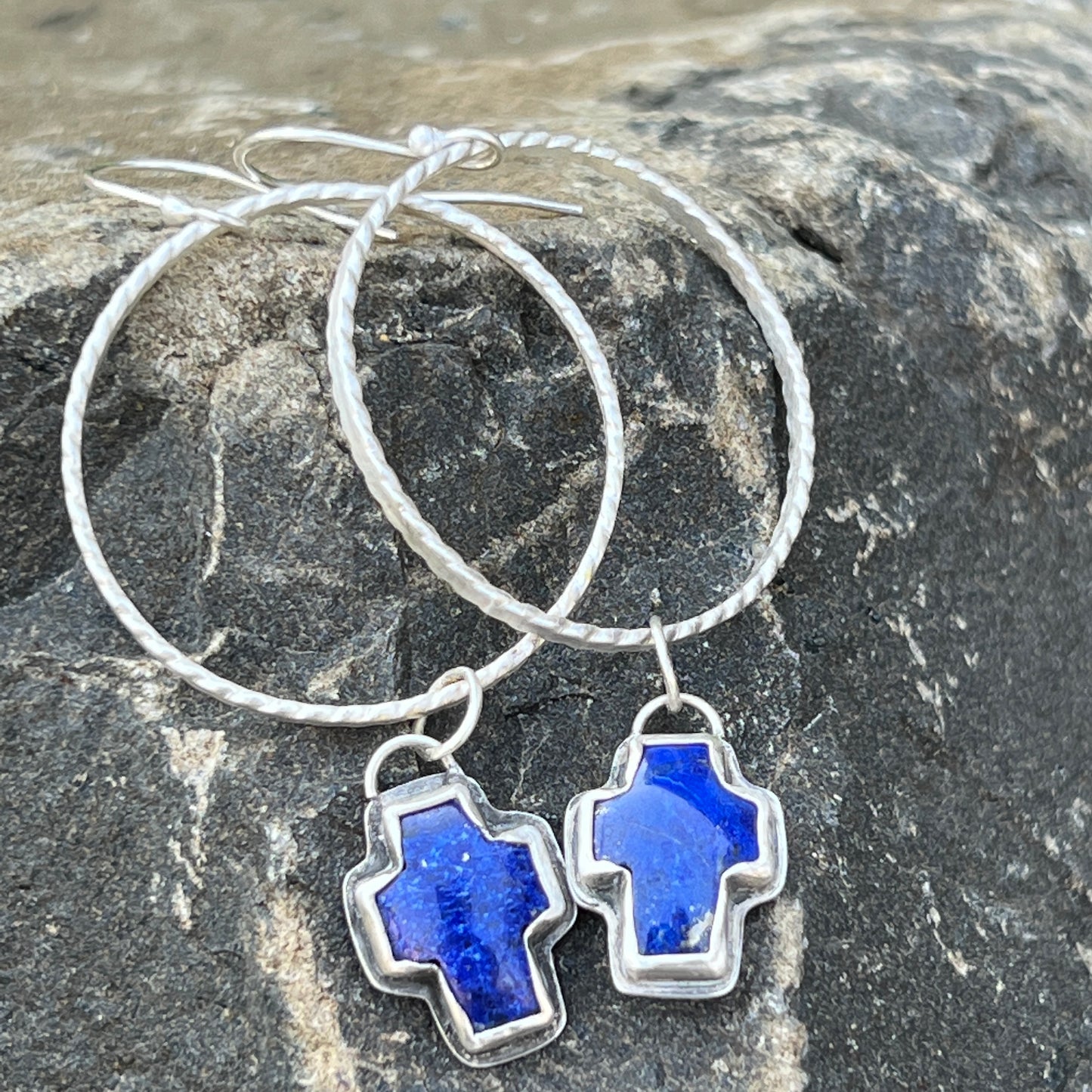 Thick Silver Hoop Earrings with Lapis Lazuli Cross Dangles, Modern Southwest Jewelry